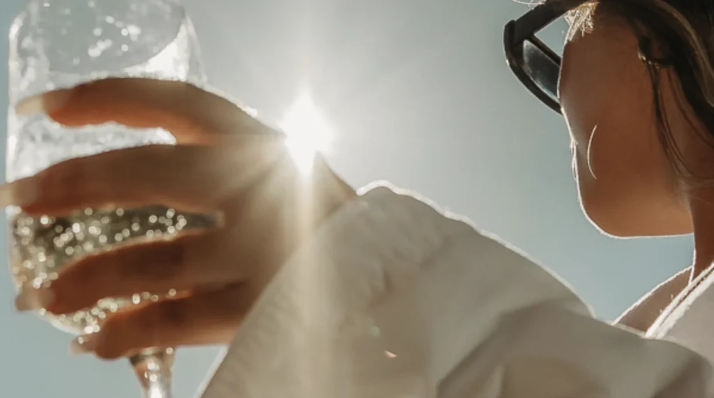 Wijn in hand met zon op de achtergrond